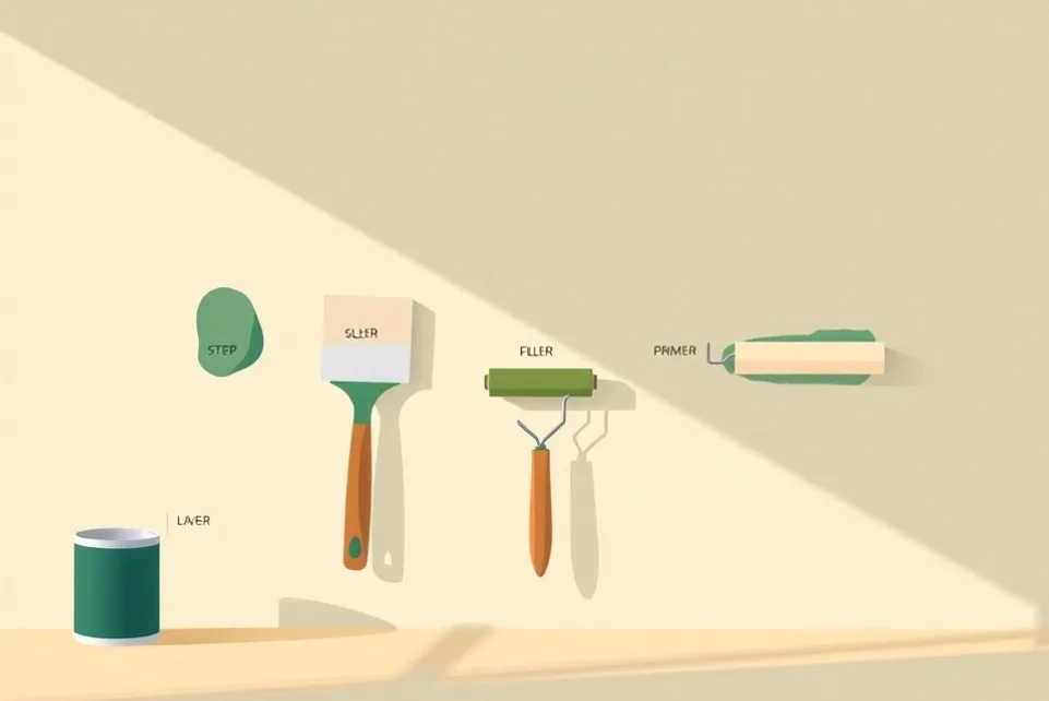Outils de peinture disposés dans l'ordre des étapes du chantier