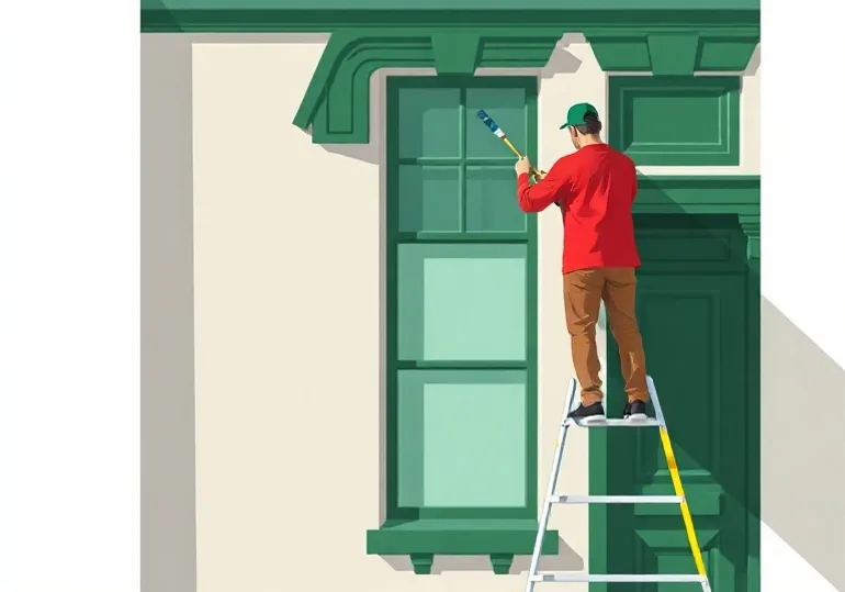 Peintre sur échafaudage traitant la façade d'une maison
