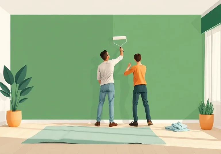 Peintre appliquant la peinture au rouleau sur un mur de salon